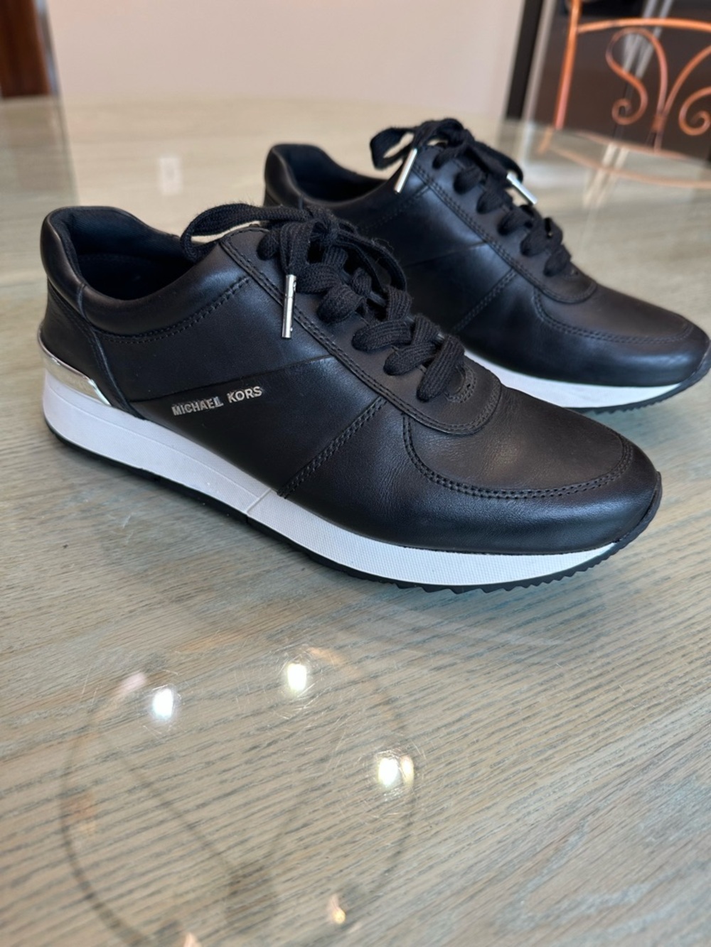 Michael Kors Allie Black Leather Athletic Sneakers with White Sole 8